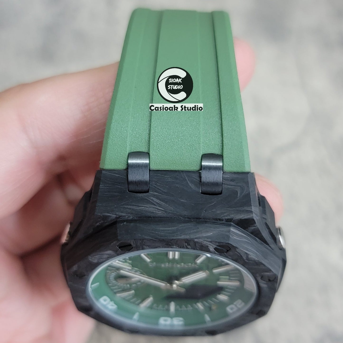 Casioak Mod Watch NEW Carbon Fiber Offshore Superior Black Case Green Strap Green Silver Time Mark Green Dial 44mm