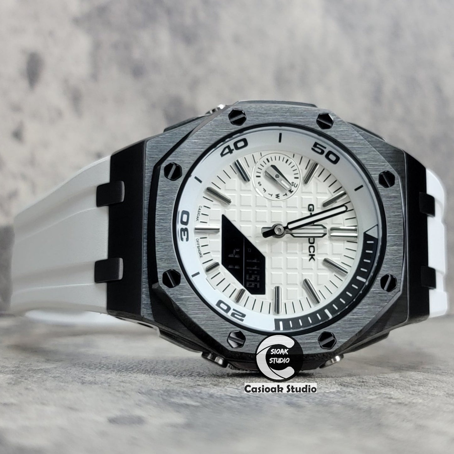 Casioak Mod Watch NEW Offshore Superior Gray Case White Rubber Strap White Time Mark White Dial 44mm