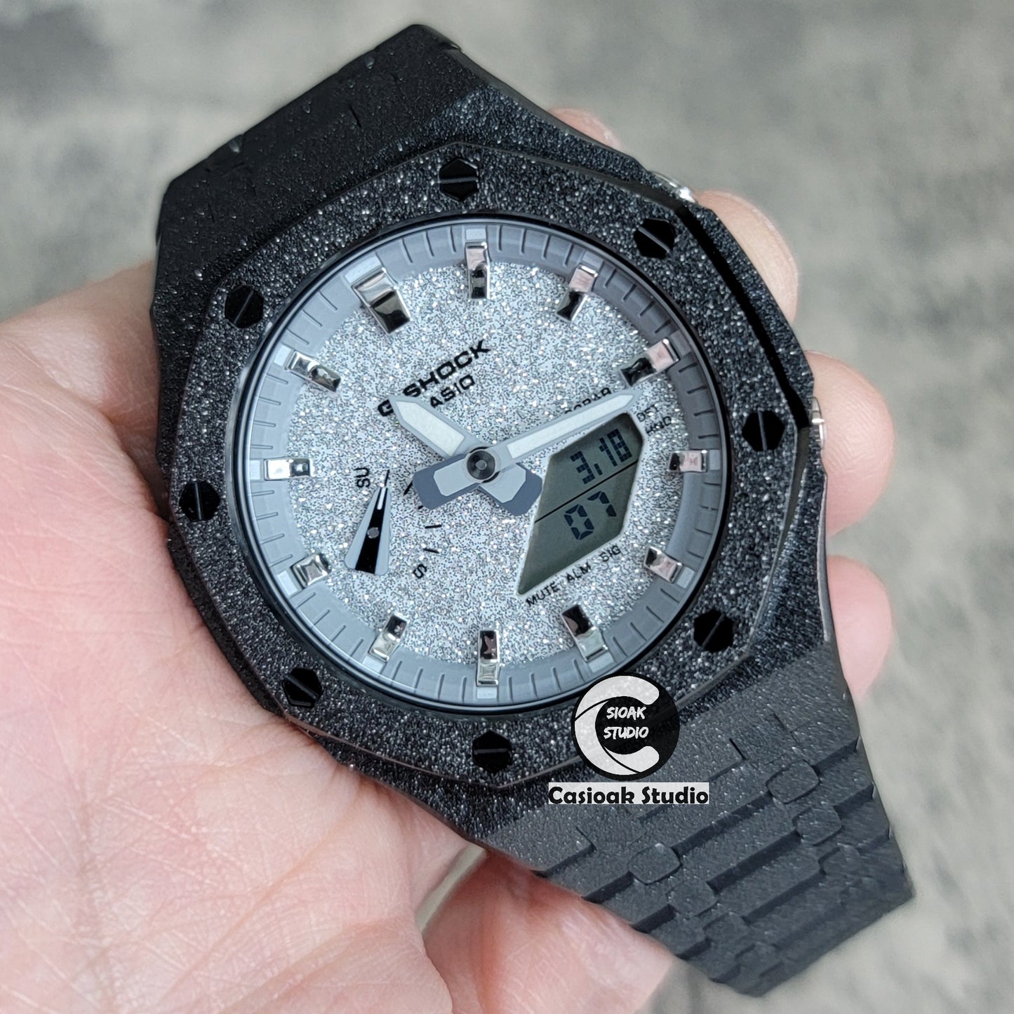 Casioak Mod Watch Frosted Black Case Metal Strap Gray Silver Time Mark Starry Silver Dial 44mm