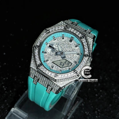 Casioak Mod Watch Diamond Style Silver Case Tiff Strap Tiff Silver Time Mark Diamond Style Dials 44mm