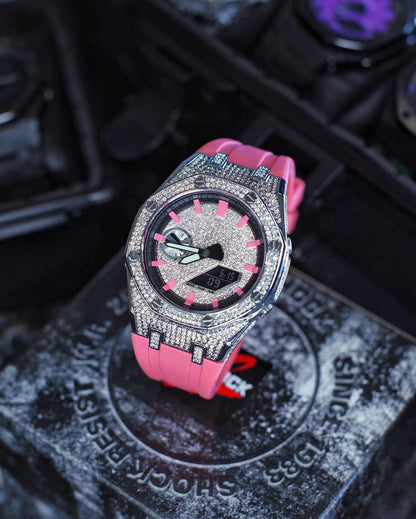 Casioak Mod Watch Diamond Style Silver Case Pink Strap Black Pink Time Mark Diamond Style Dials 44mm