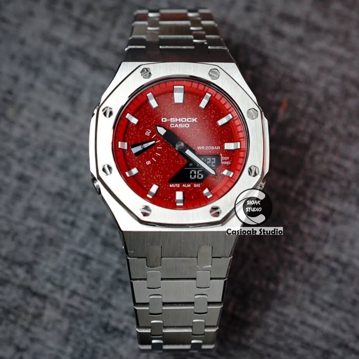 Casioak Mod Watch Silver Case Metal Strap Red Silver Black Time Mark Red Dials Blue Dials 44mm