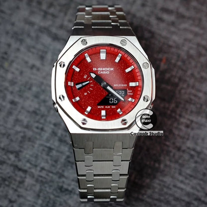 Casioak Mod Watch Silver Case Metal Strap Red Silver Black Time Mark Red Dials Blue Dials 44mm