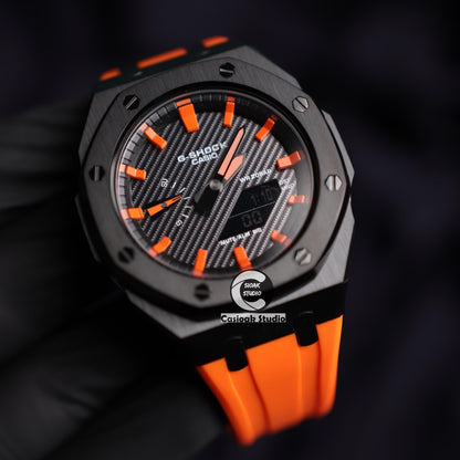 Casioak Mod Watch Standard Black Case Orange Rubber Strap Black Orange Time Mark Black Carbon Dials 44mm