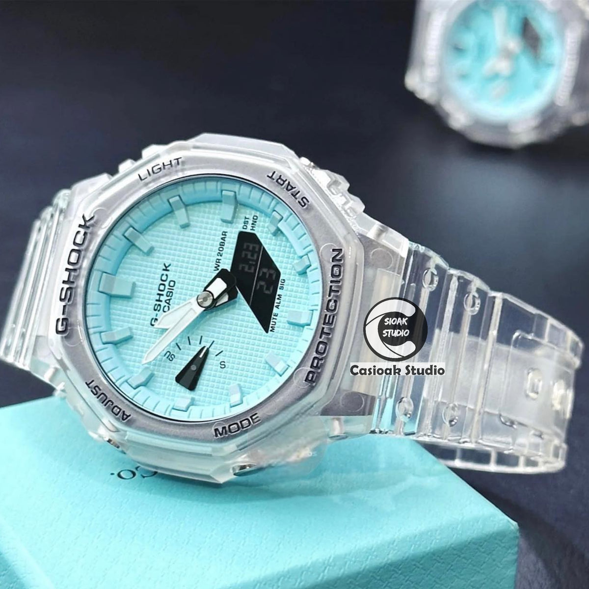 Casioak Mod Watch Transparent Plastic Case White Strap Tiff Time Mark Tiff Dials 44mm White