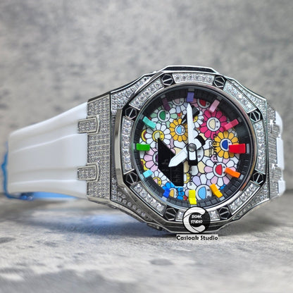 Casioak Mod Watch Diamond Silver Case White Strap Black Rainbow Time Mark Takashi Murakami Dials 44mm