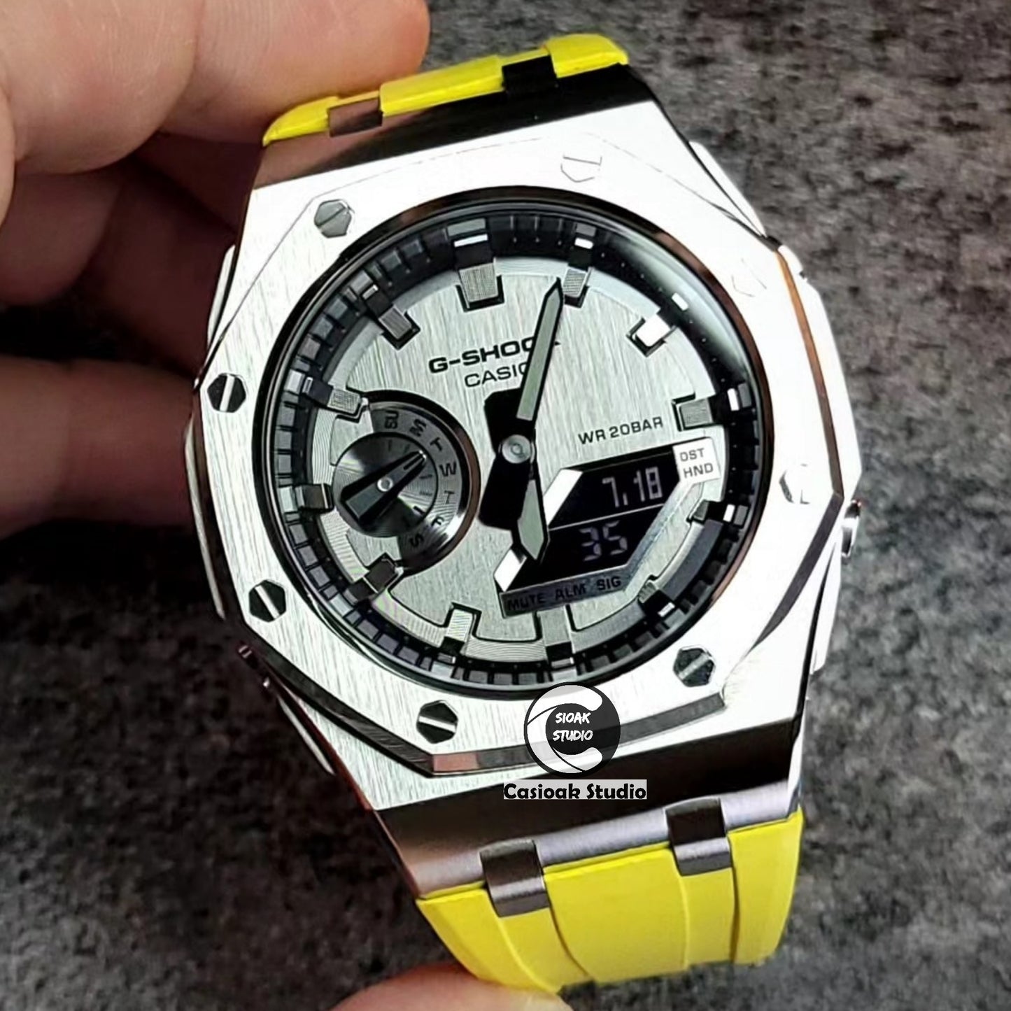 Casioak Mod Watch Offshore Superior Silver Case Yellow Rubber Strap Silver Time Mark Gray Dials 44mm