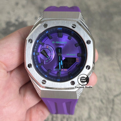 Casioak Mod Watch Black Panther Hb Silver Case Purple Strap Purple Black Time Mark Purple Dials 44mm