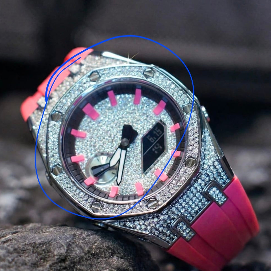 Casioak Mod Watch Diamond Style Silver Case Pink Strap Black Pink Time Mark Diamond Style Dials 44mm