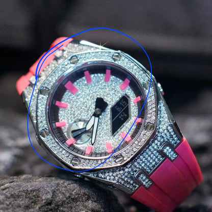 Casioak Mod Watch Diamond Style Silver Case Pink Strap Black Pink Time Mark Diamond Style Dials 44mm