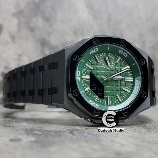 Casioak Mod Watch New Polished Gray Case Metal Strap Green Time Mark Green Dial 44mm Sapphire Glass