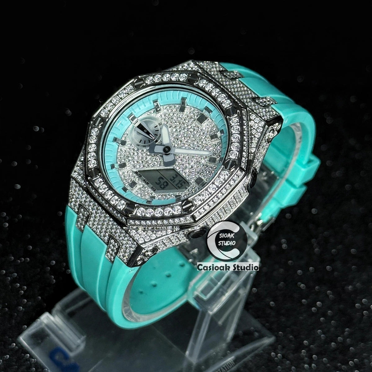 Casioak Mod Watch Diamond Style Silver Case Tiff Strap Tiff Silver Time Mark Diamond Style Dials 44mm