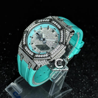 Casioak Mod Watch Diamond Style Silver Case Tiff Strap Tiff Silver Time Mark Diamond Style Dials 44mm