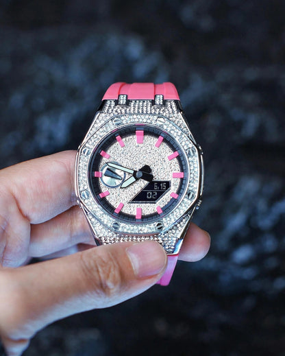 Casioak Mod Watch Diamond Style Silver Case Pink Strap Black Pink Time Mark Diamond Style Dials 44mm