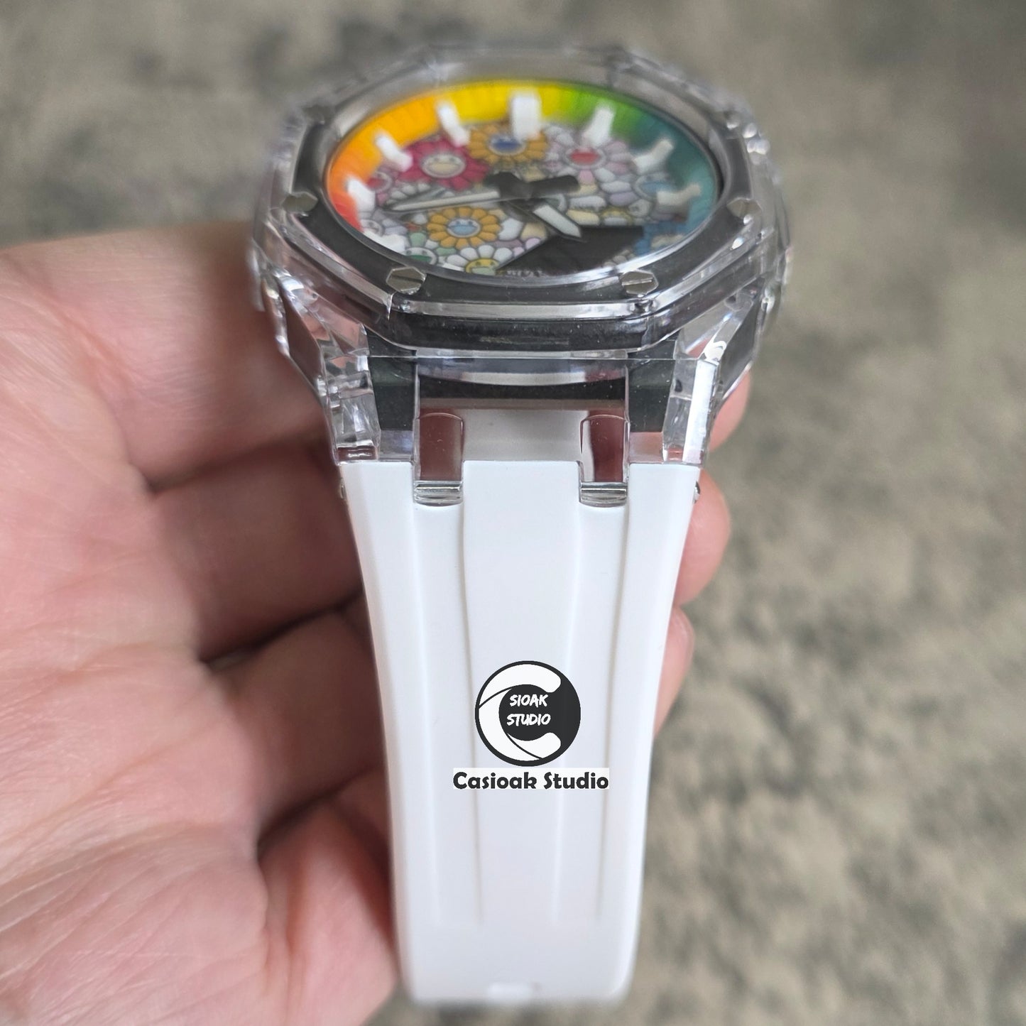 Casioak Mod Watch Transparent Case Strap Rainbow White Time Mark Takashi Murakami Dials 44mm