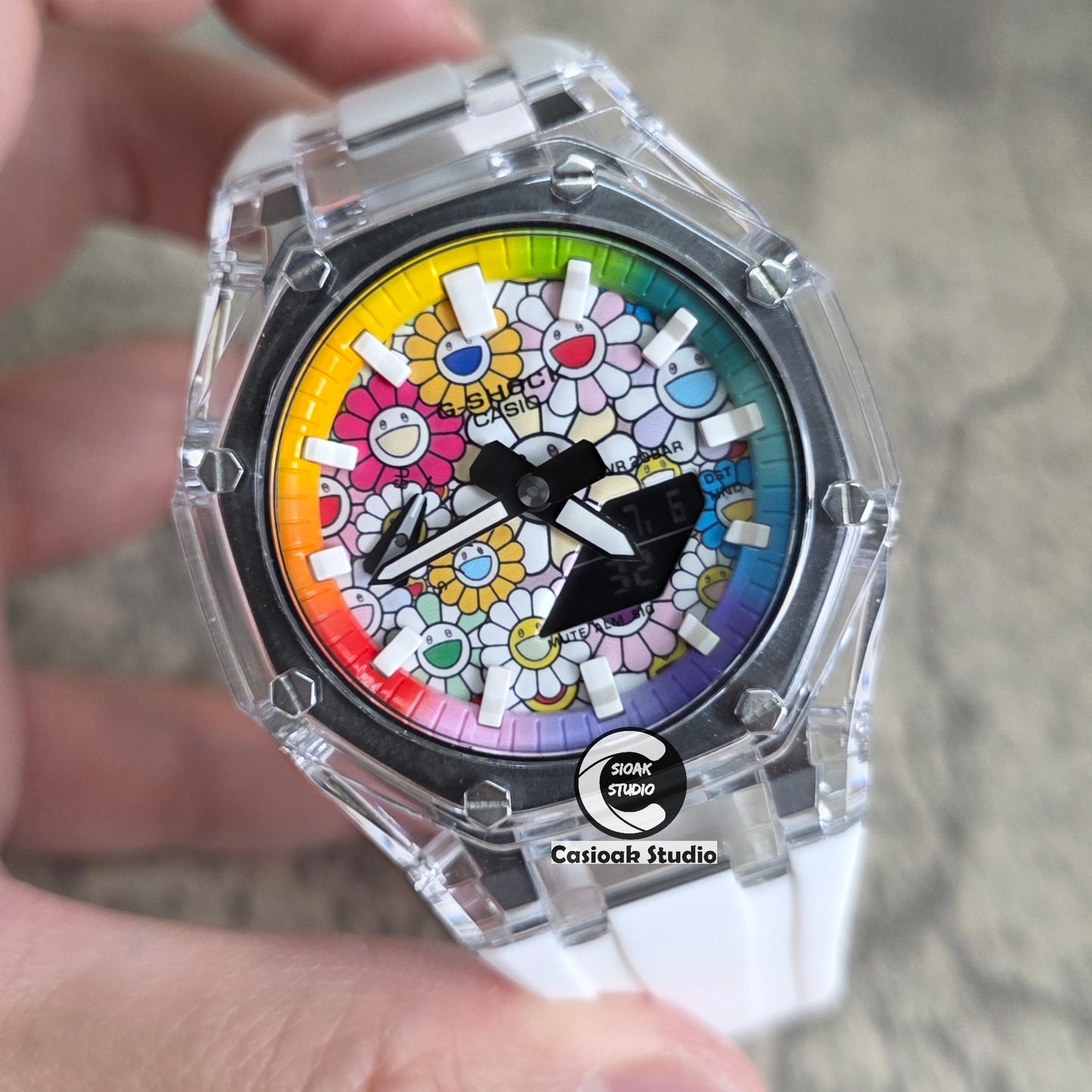 Casioak Mod Watch Transparent Case Strap Rainbow White Time Mark Takashi Murakami Dials 44mm