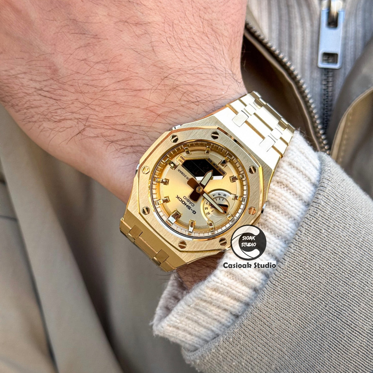 Casioak Mod Watch Gold Case Metal Strap Gold Time Mark Gold Dials 44mm