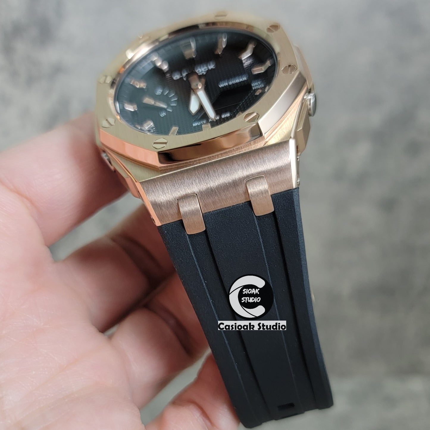 Casioak Mod Watch Offshore Superior Rosegold Case Black Rubber Strap Black Rosegold Time Mark Black Waffle Dial 44mm