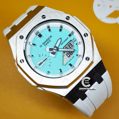 Casioak Mod Watch Silver Case White Rubber Strap White Silver Time Mark Tiff Blue Dials 42mm