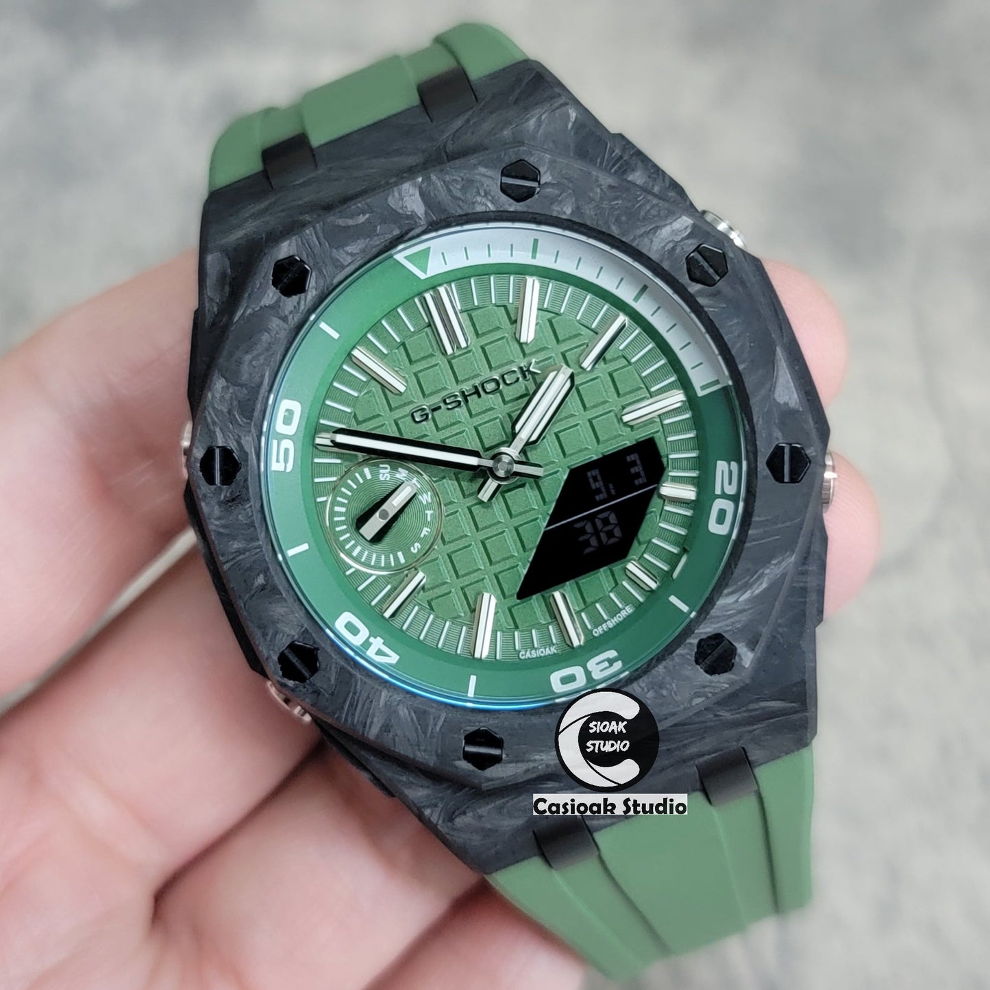 Casioak Mod Watch NEW Carbon Fiber Offshore Superior Black Case Green Strap Green Silver Time Mark Green Dial 44mm