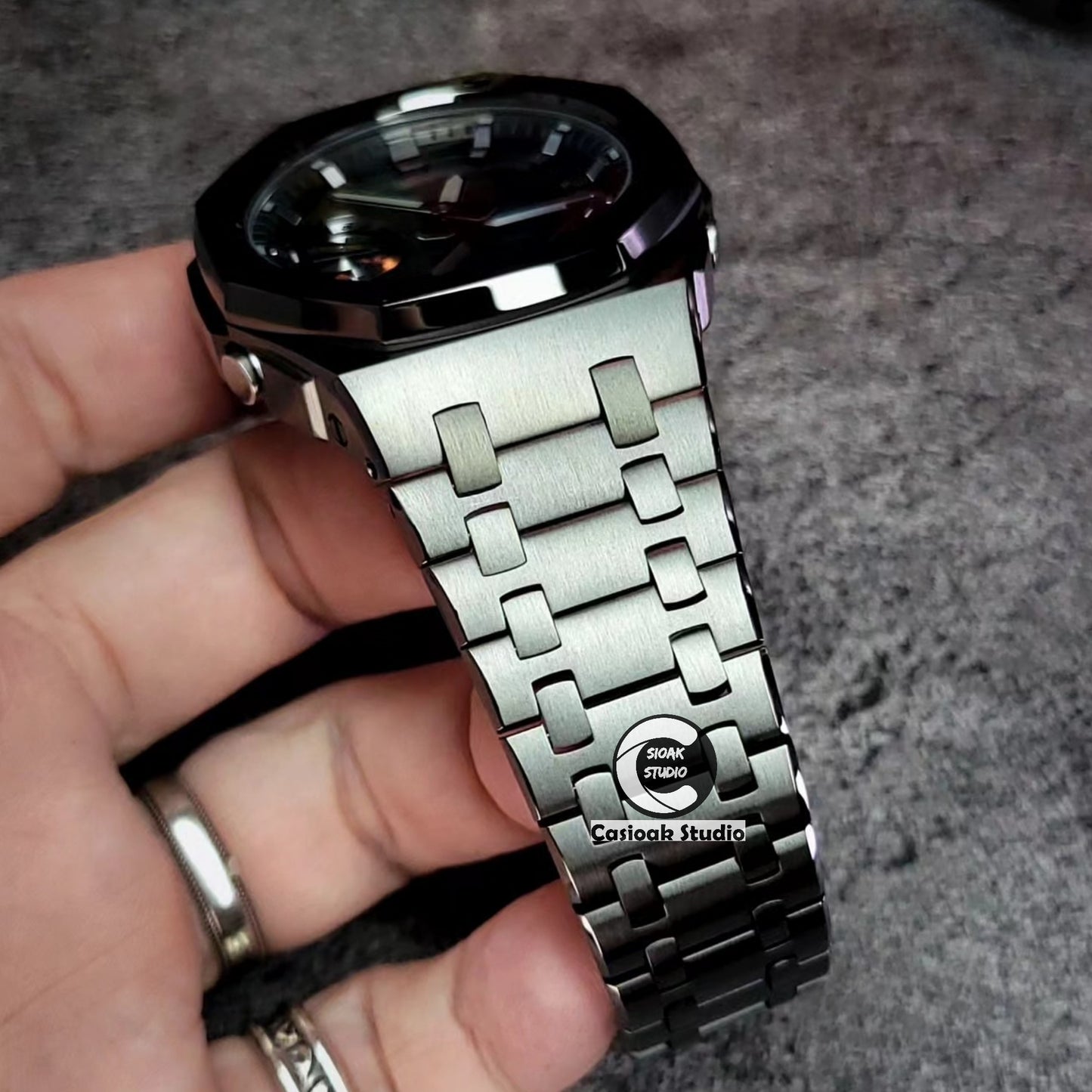 Casioak Mod Watch Offshore Superior Gray Case Metal Strap Black Gray Time Mark Grsy Dials 44mm Gm2100