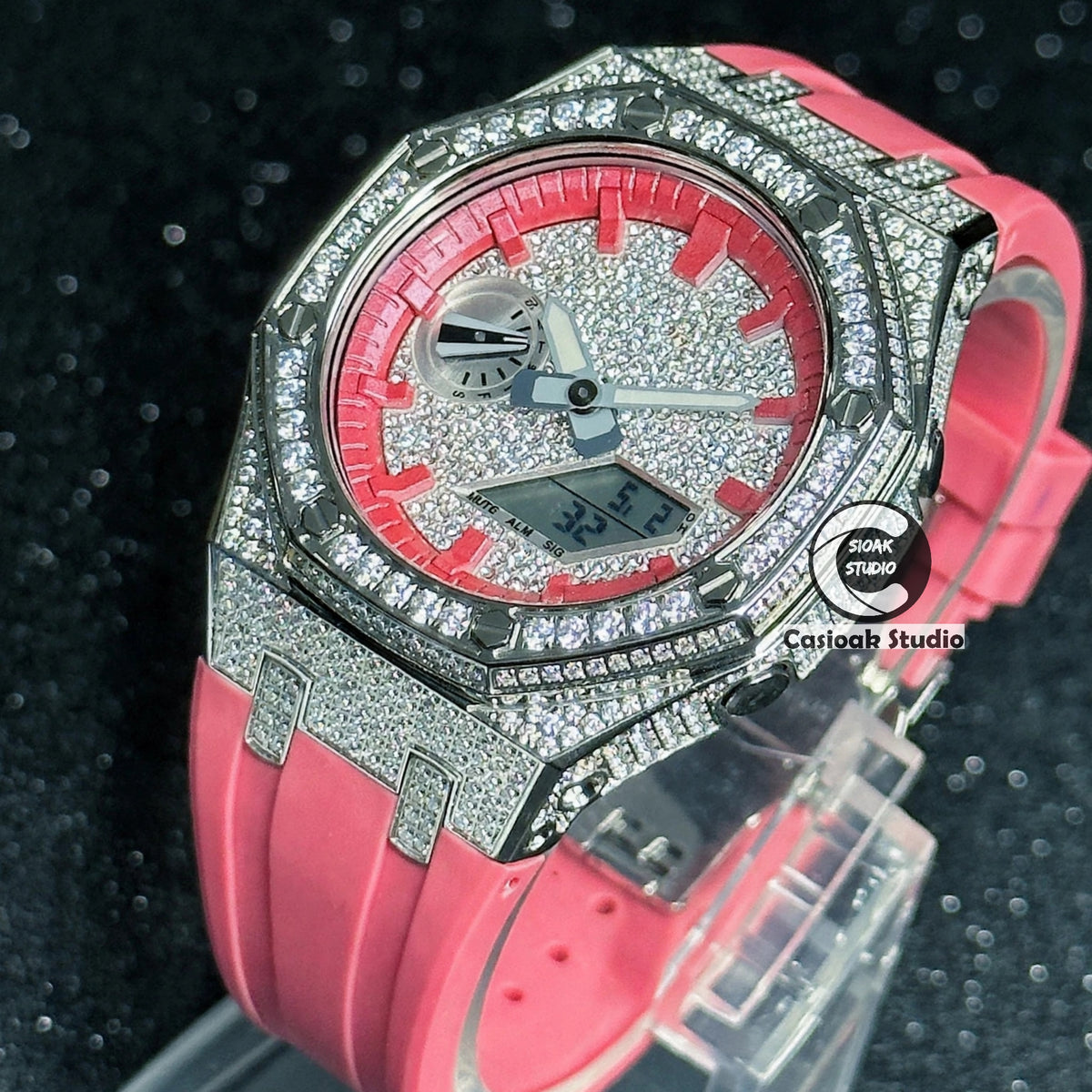 Casioak Mod Watch Diamond Style Silver Case Red Strap Red Time Mark Diamond Style Dials 44mm