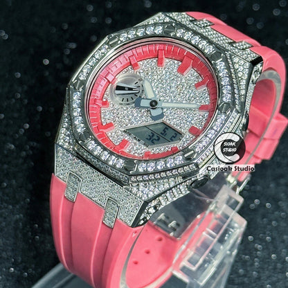 Casioak Mod Watch Diamond Style Silver Case Red Strap Red Time Mark Diamond Style Dials 44mm