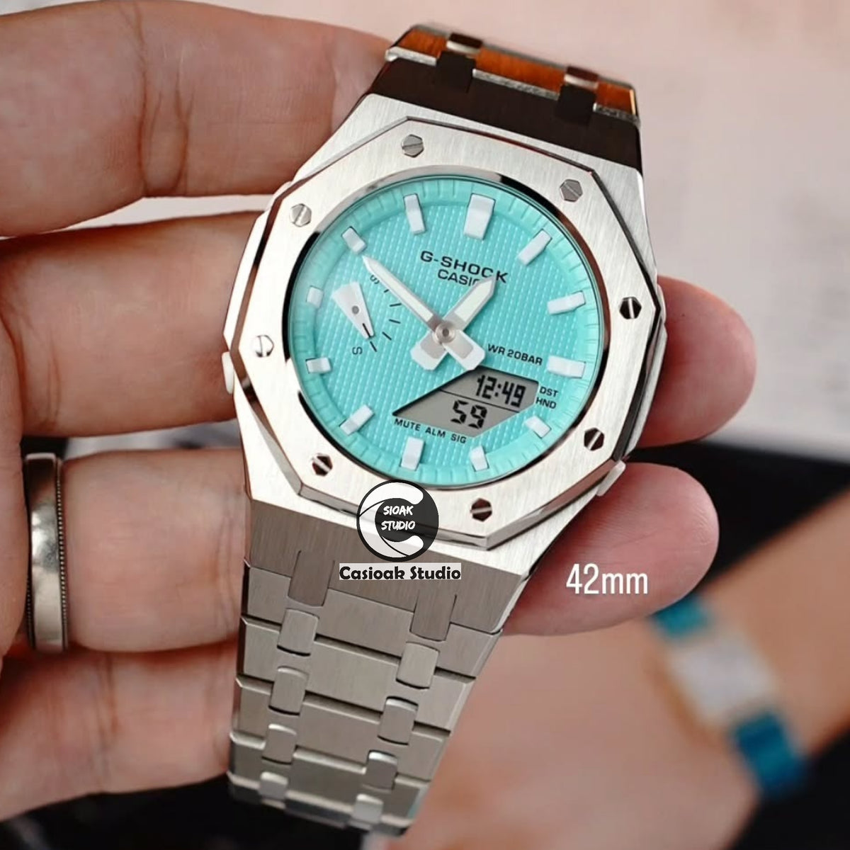 Casioak 改裝手錶 銀色錶殼 金屬錶帶 Tiff White 時標 Tiff Blue 錶盤 42mm