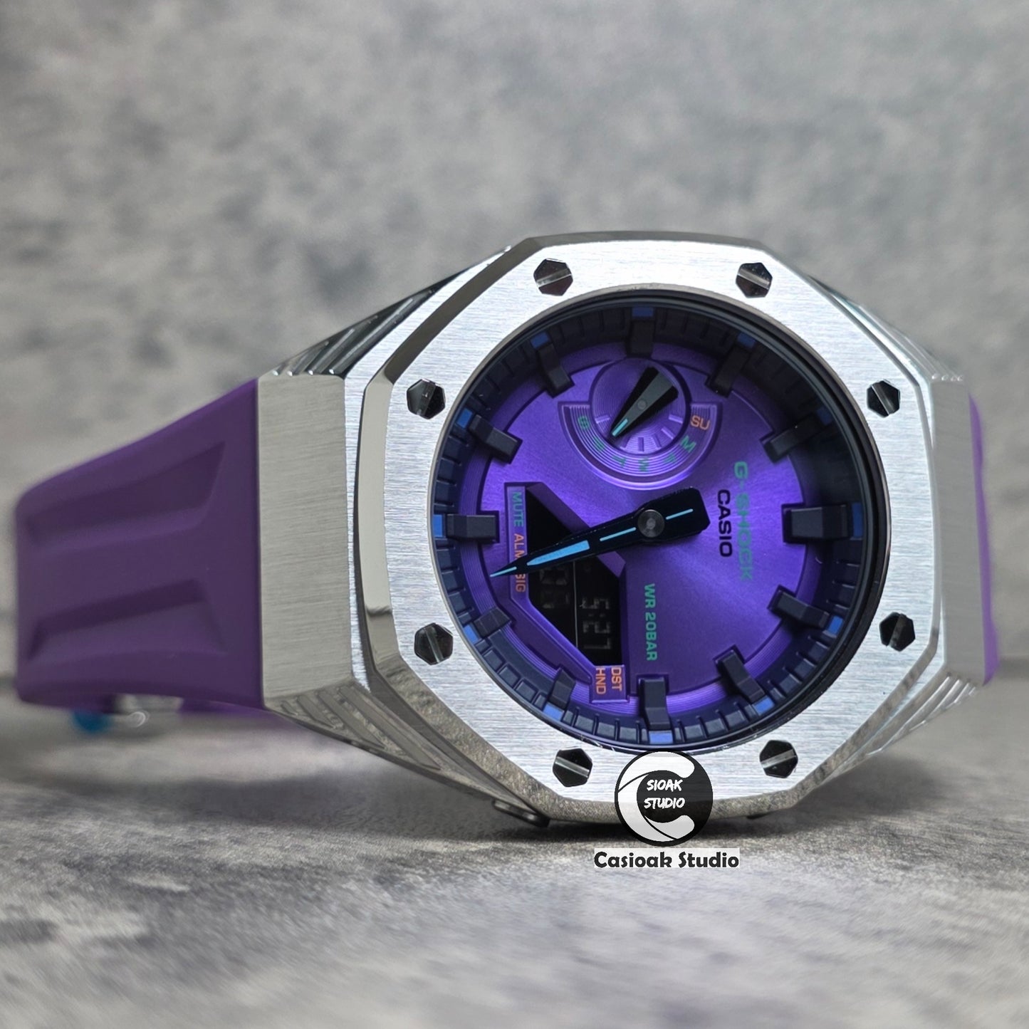 Casioak Mod Watch Black Panther Hb Silver Case Purple Strap Purple Black Time Mark Purple Dials 44mm