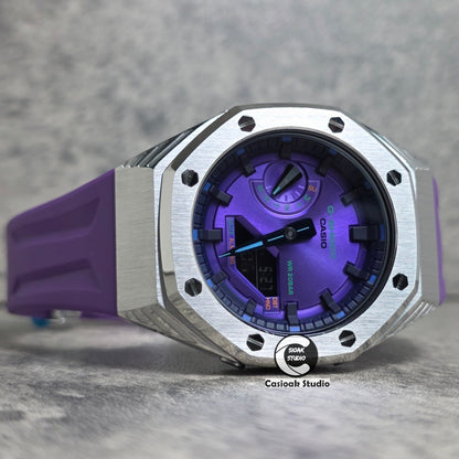 Casioak Mod Watch Black Panther Hb Silver Case Purple Strap Purple Black Time Mark Purple Dials 44mm