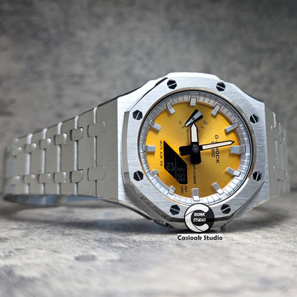 Casioak Mod Watch Silver Case Metal Strap Silver Time Mark Gold Dials 44mm