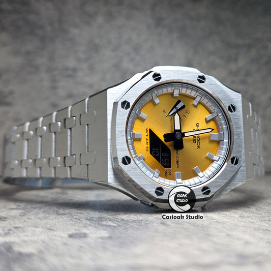 Casioak Mod Watch Silver Case Metal Strap Silver Time Mark Gold Dials 44mm
