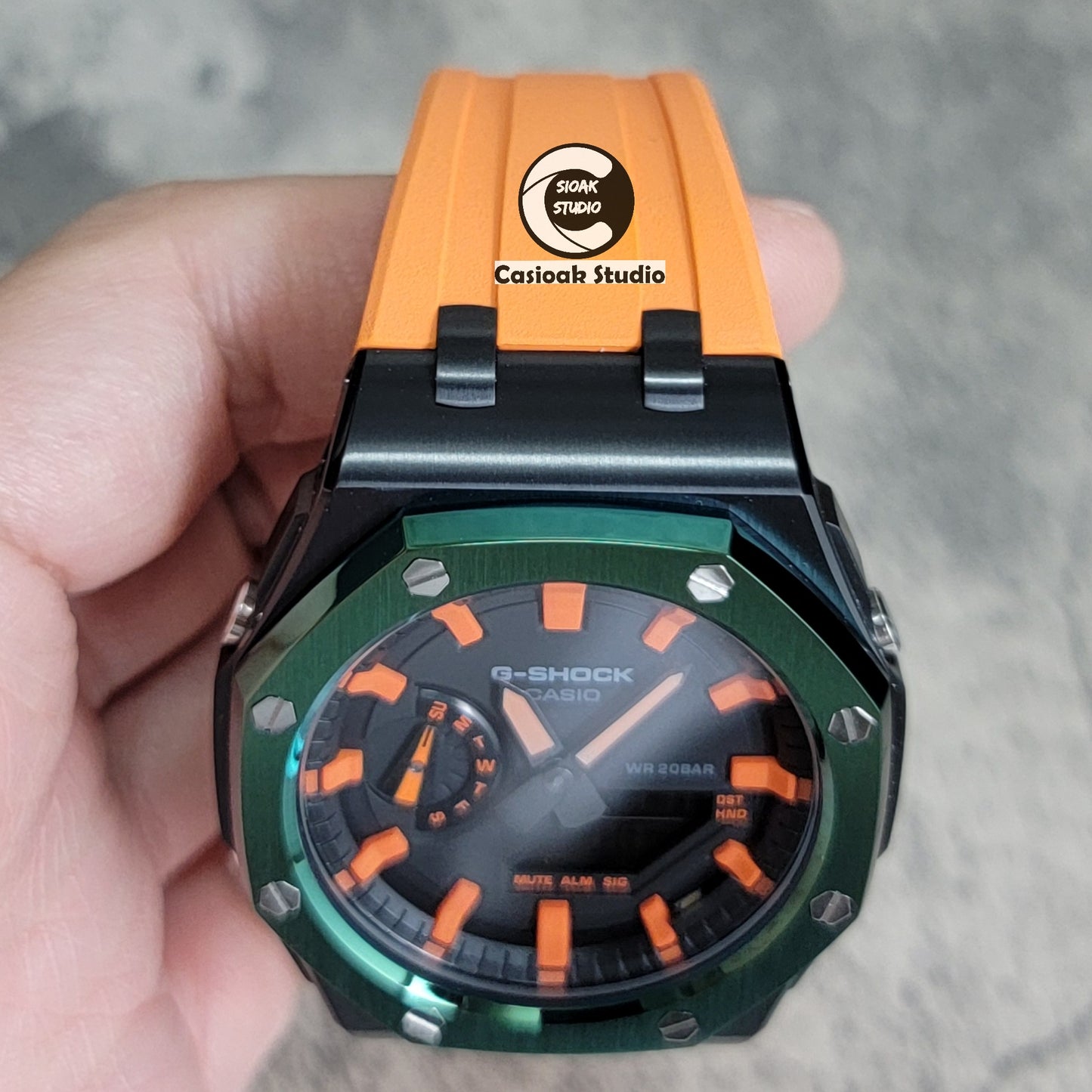 Casioak Mod Watch Offshore Superior Black Green Case Orange Rubber Strap Black Orange Time Mark Black Dial 44mm - Casioak Studio