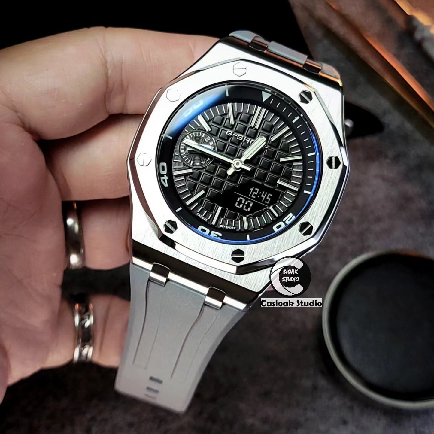 Casioak Mod Watch NEW Offshore Superior Silver Case Gray Rubber Strap Black Time Mark Black Dials 44mm