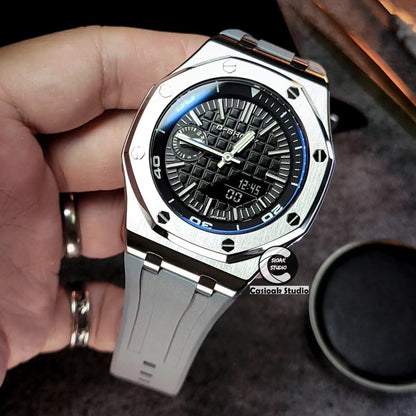 Casioak Mod Watch NEW Offshore Superior Silver Case Gray Rubber Strap Black Time Mark Black Dials 44mm