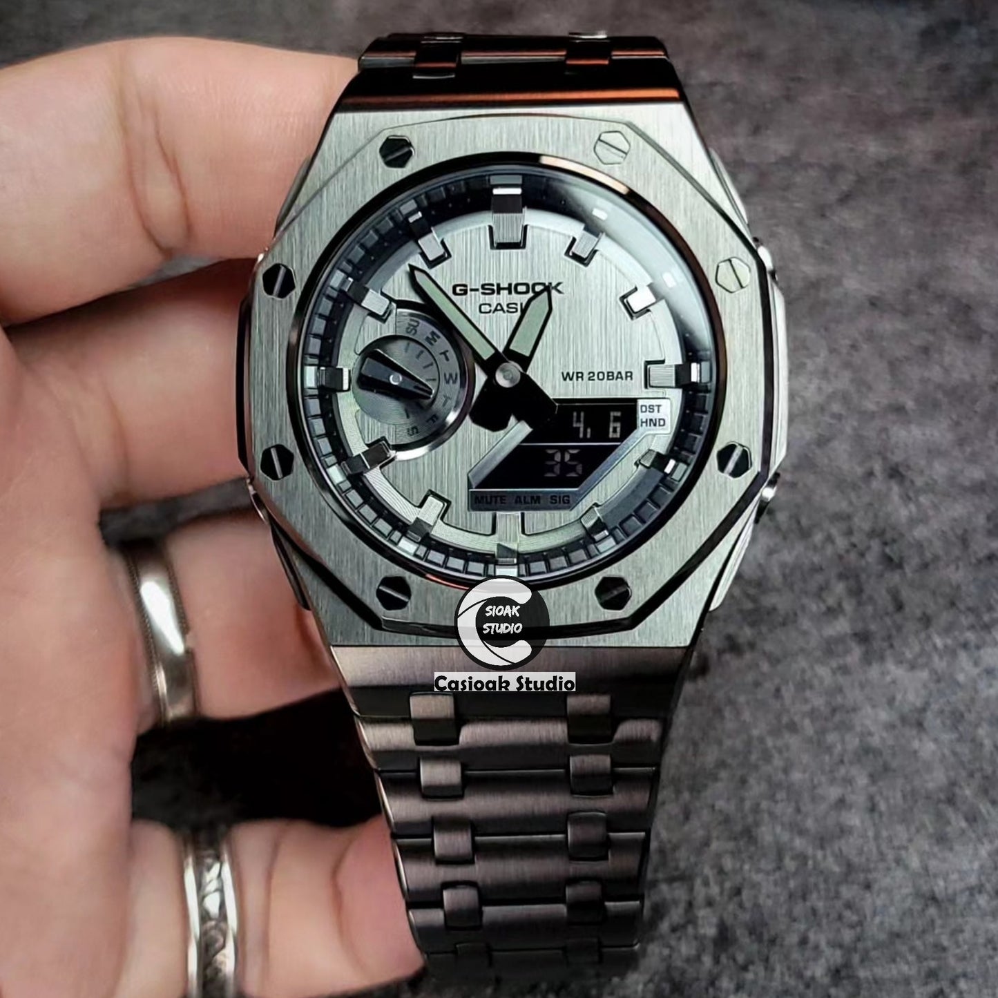 Casioak Mod Watch Offshore Superior Gray Case Metal Strap Black Gray Time Mark Grsy Dials 44mm Gm2100