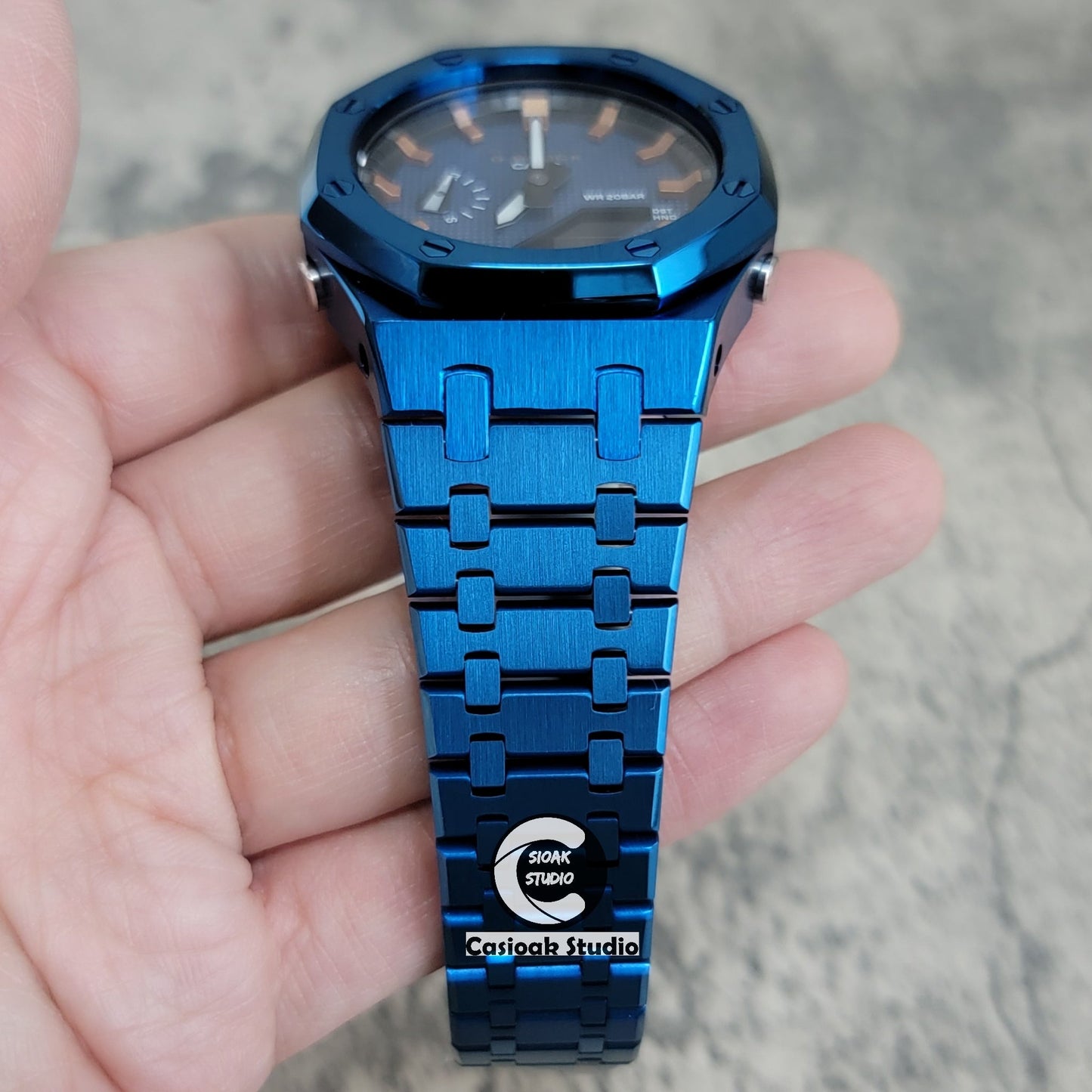 Casioak Mod Watch Blue Case Metal Strap Black Rosegold Time Mark Blue Waffle Dial 44mm