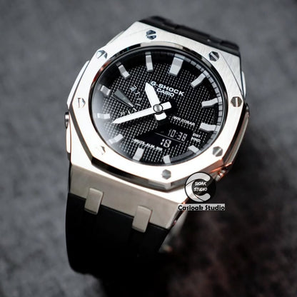 Casioak Mod Watch Offshore Superior Silver Case Black Rubber Strap Black Gray Time Mark Black Waffle Dials 44mm