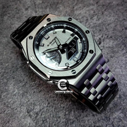 Casioak Mod Watch Offshore Superior Gray Case Metal Strap Black Gray Time Mark Grsy Dials 44mm Gm2100