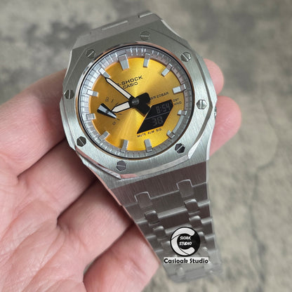 Casioak Mod Watch Silver Case Metal Strap Silver Time Mark Gold Dials 44mm