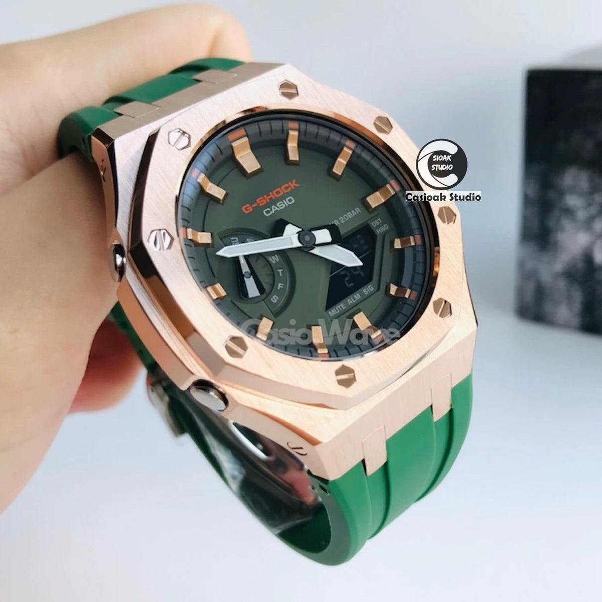 Casioak Mod Watch Black Case Green Rubber Strap Black Rosegold Time Mark Olive Dials 44mm