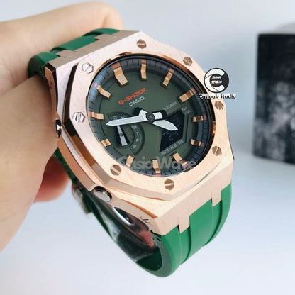 Casioak Mod Watch Black Case Green Rubber Strap Black Rosegold Time Mark Olive Dials 44mm
