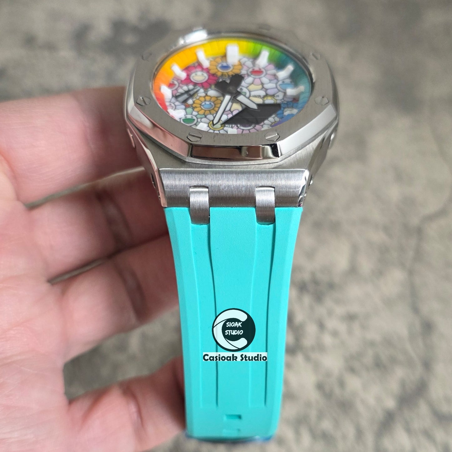Casioak Mod Watch Offshore Superior Silver Case Tiff Rubber Strap Rainbow White Time Mark  Takashi Murakami Flower Dials 44mm