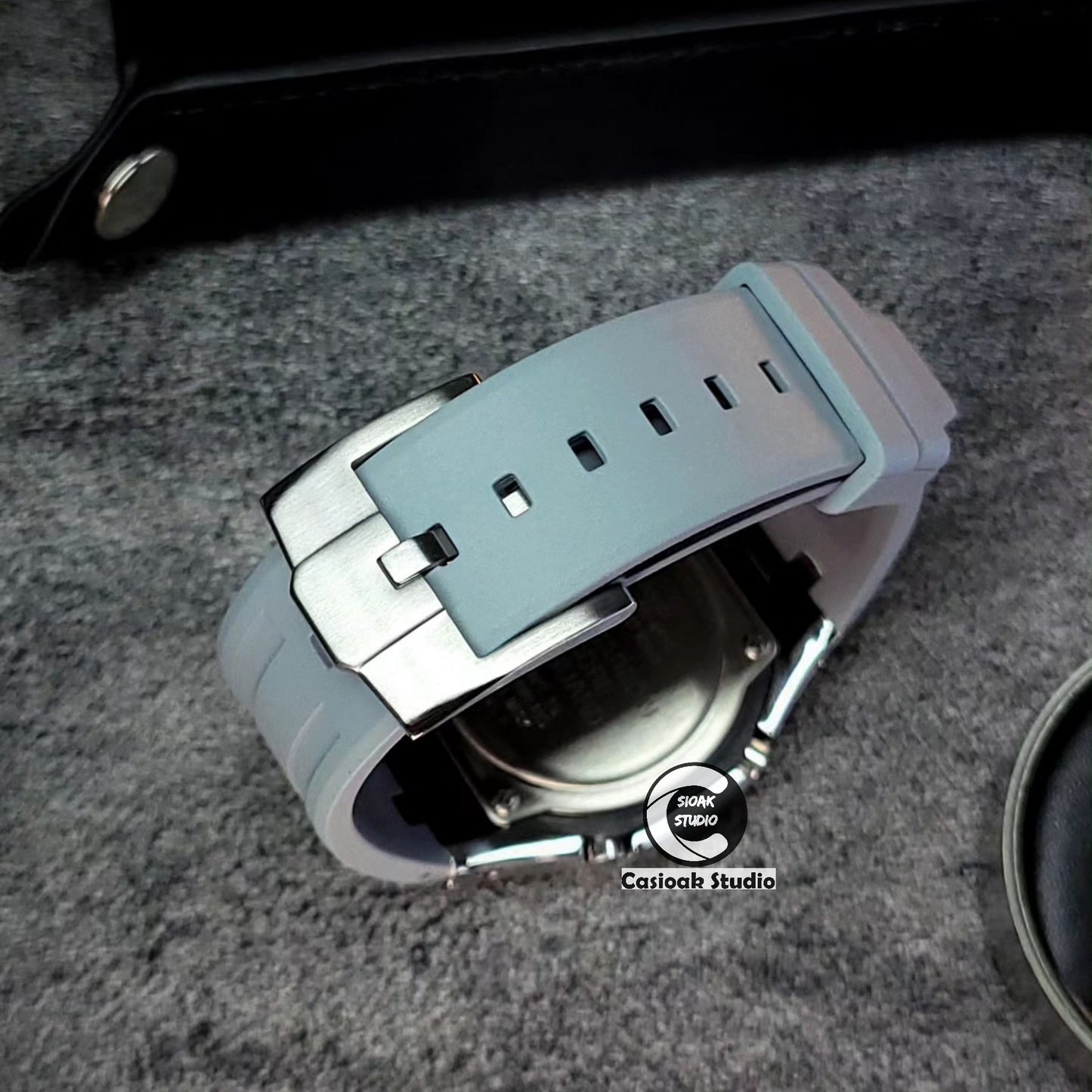 Casioak Mod Watch NEW Offshore Superior Silver Case Gray Rubber Strap Black Time Mark Black Dials 44mm