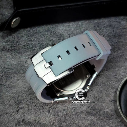 Casioak Mod Watch NEW Offshore Superior Silver Case Gray Rubber Strap Black Time Mark Black Dials 44mm
