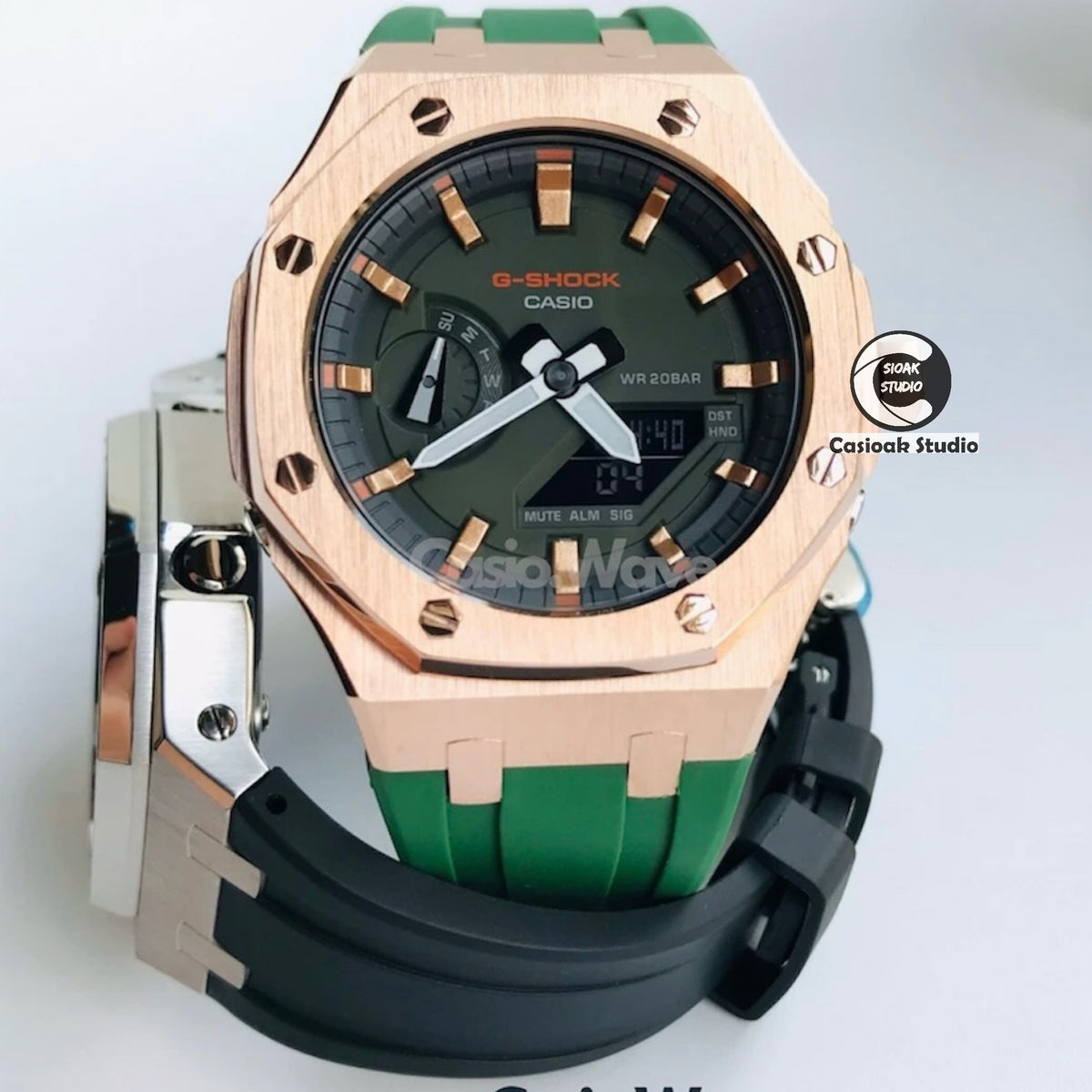 Casioak Mod Watch Black Case Green Rubber Strap Black Rosegold Time Mark Olive Dials 44mm