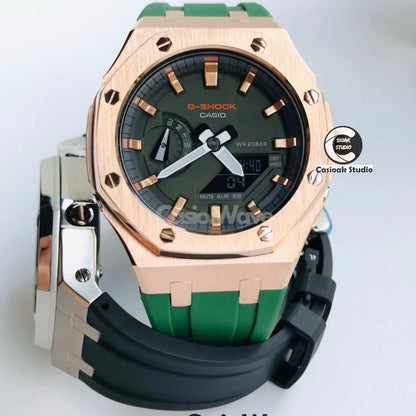 Casioak Mod Watch Black Case Green Rubber Strap Black Rosegold Time Mark Olive Dials 44mm