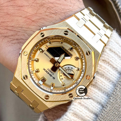 Casioak Mod Watch Gold Case Metal Strap Gold Time Mark Gold Dials 44mm