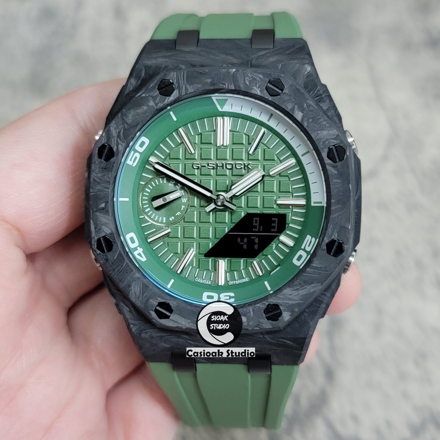 Casioak Mod Watch NEW Carbon Fiber Offshore Superior Black Case Green Strap Green Silver Time Mark Green Dial 44mm