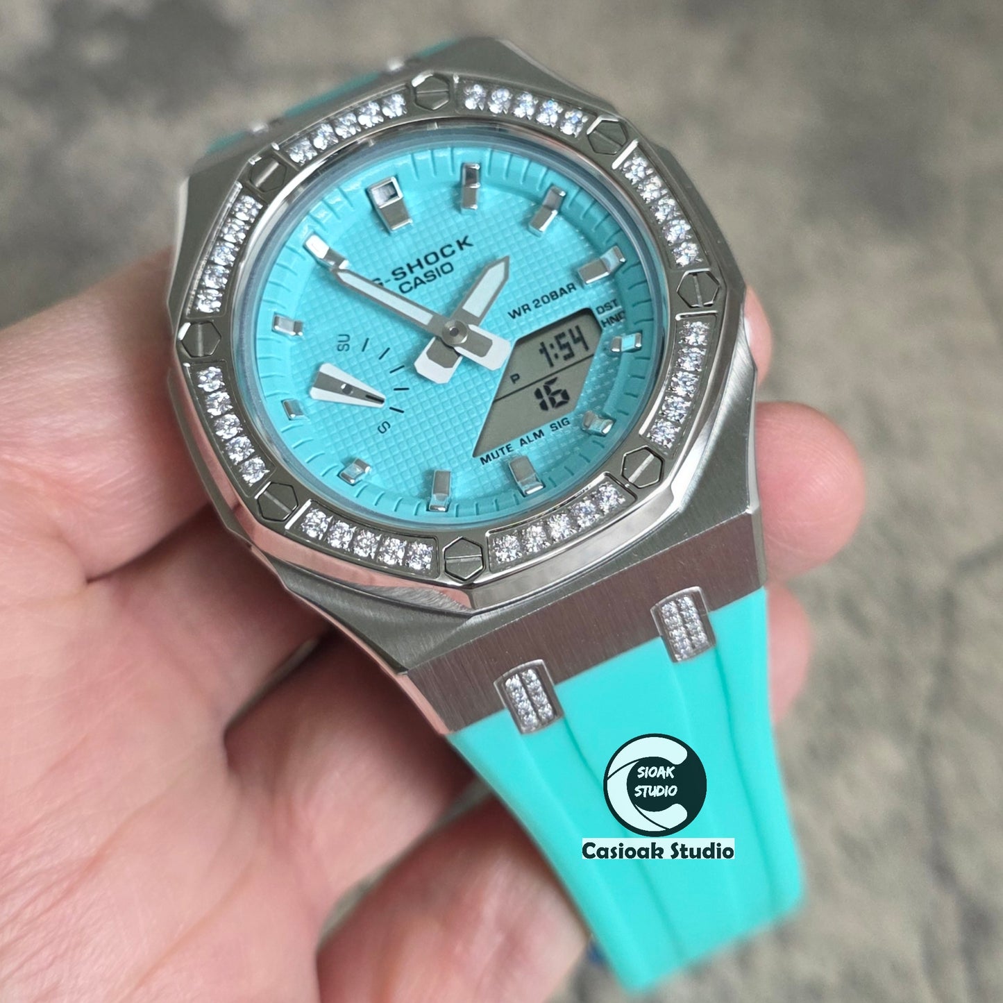 Casioak Mod Watch Diamond Silver Case Tiff Strap Tiff Silver Time Mark Tiff Blue Dials 42mm